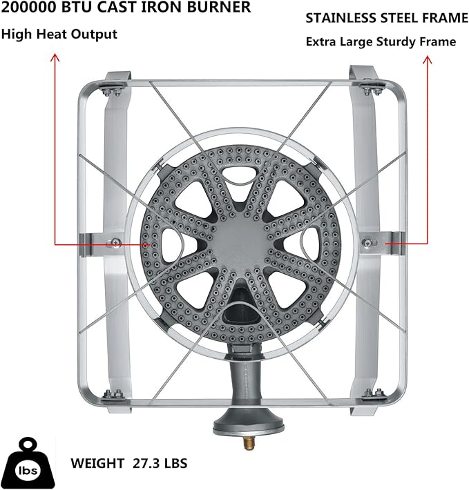 Stainless Steel Burner Propane Stove, 200,000BTU High Pressure Outdoor Propane Burner Cooker, 15.5"Heavy Duty Gas Burners for Outdoor Cooking For Turkey Fry, Seafood Boil, Homebrewing （SS1250）