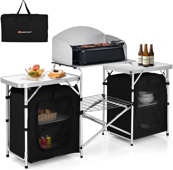 Goplus Folding Camping Kitchen Table with Storage, Aluminum Portable Outdoor Cooking Table with Windscreen, Foldable Camp Table Cook Station for BBQ, Grill, Party, Picnics, 68D x 19W x 43.5H in, Black