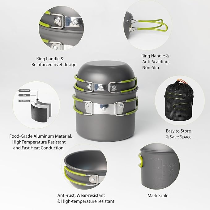 Camping Cookware Mess Kit, 16 pcs Backpacking Cooking Set, Lightweight Camping Pots and Stove Set for 1-2 Person, Outdoor Cooking Gear Ideal for Camping, Hiking, Backpacking and Picnic