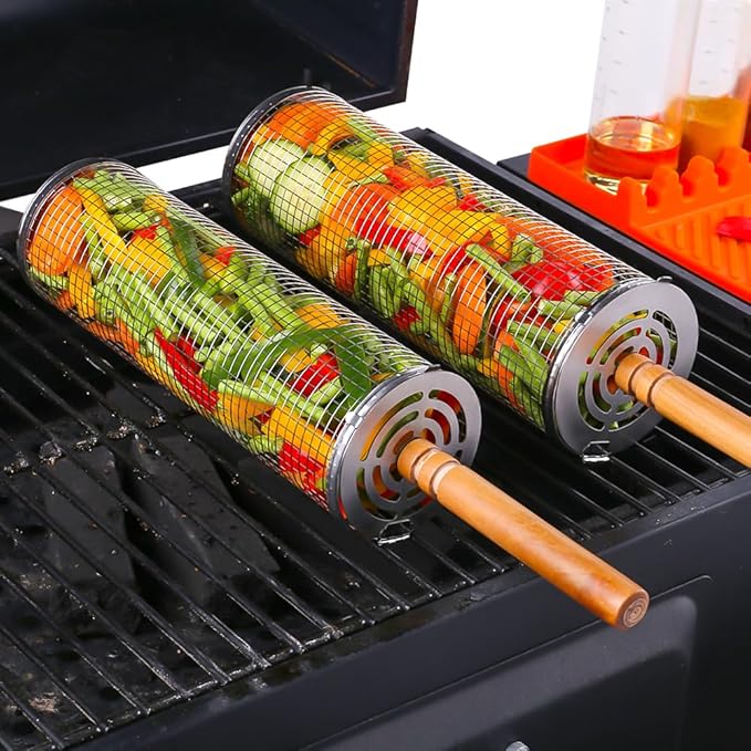 Rolling Grill Baskets (2PCS), Removable Wooden Handle, 304 Stainless Steel, Nesting Grilling Net, BBQ Accessories Tools for Vegetable Shrimp, Outdoor Cooking Camping, Birthday Gifts for Men/Dad/Husband