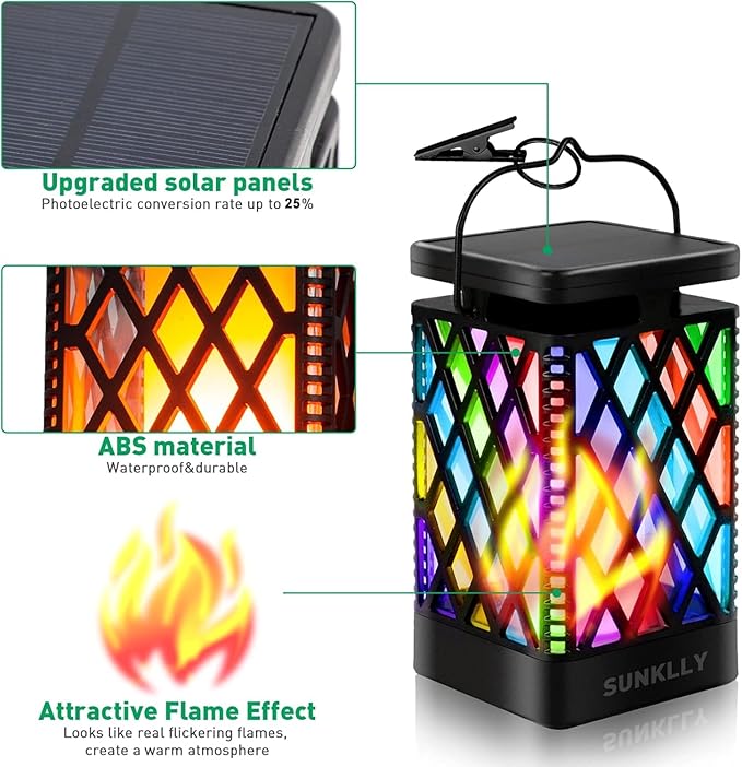 Solar Lanterns-Sunklly Hanging Solar Lights Color Changing & Fixed 9 Modes Waterproof Hanging Lanterns Outdoor Lights Flickering Flame Camping Lanterns Decoration for Garden Patio Pathway(2 Pack)