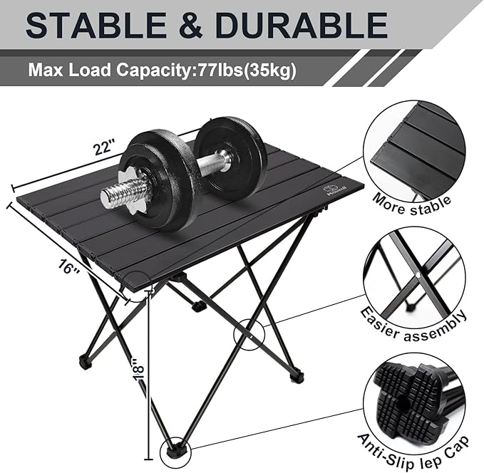 Camping Table Folding Portable Camp Side Table Aluminum Lightweight Carry Bag Beach Outdoor Hiking Picnics BBQ Cooking Dining Kitchen Black Medium