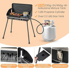 HAPPYGRILL Portable Camping Stove, 2-Burner Propane Grill Cooker with Removable Leg Stand, Roast Grill, Dual Control Knobs, Wind Guards, Outdoor Gas Grill for Camping BBQ Picnic (Black)