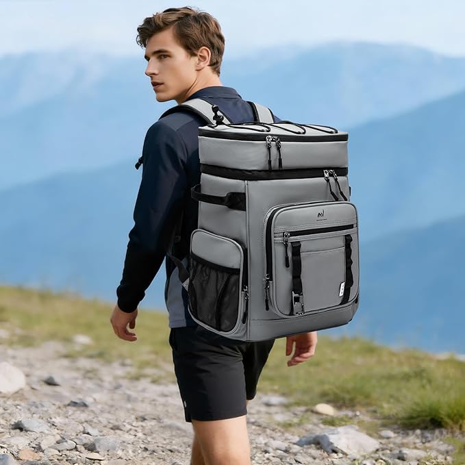 NOL Natural Organic Lifestyle Double Deck Large Waterproof Insulated Cooler Backpack for Men & Women, 32L/57 Cans Leak Proof Cooler Lunch Backpack for Camping, Hiking, Fishing, Picnic，Light Gray