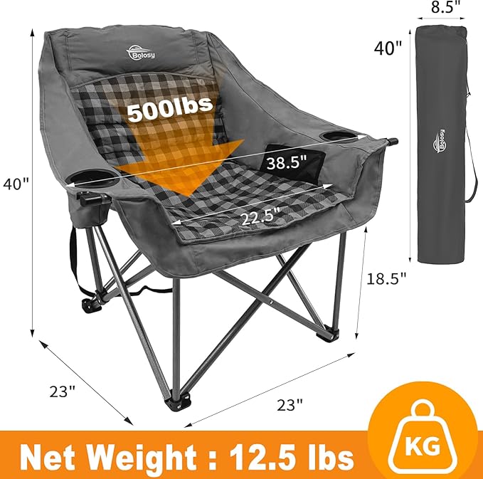 Oversized Camping Chairs for Adults Heavy Duty Padded Portable Lawn Chairs Outdoor Folding Chairs XL Camp Chairs with Cup Holder Suproot 500 lbs, Gray Plaid