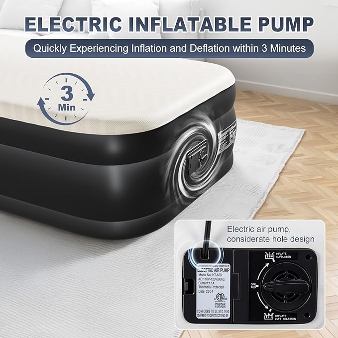 Outvita Twin Air Mattress with Built-in Pump, Foam Topper Inflatable Air Bed Quick Assembly Comfort Luxury Blow Up Sleeping Mat for Guests and Home, Camping, Travel, 650lbs Weight Capacity