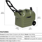 REDCAMP 7.4 Gal Water Container with Wheels & Spigot | Portable Rolling Emergency Camping Water Jug with Folding Handle | BPA Free Food Grade Water Storage Tank for Camping, 2 Pack(28L, Green)