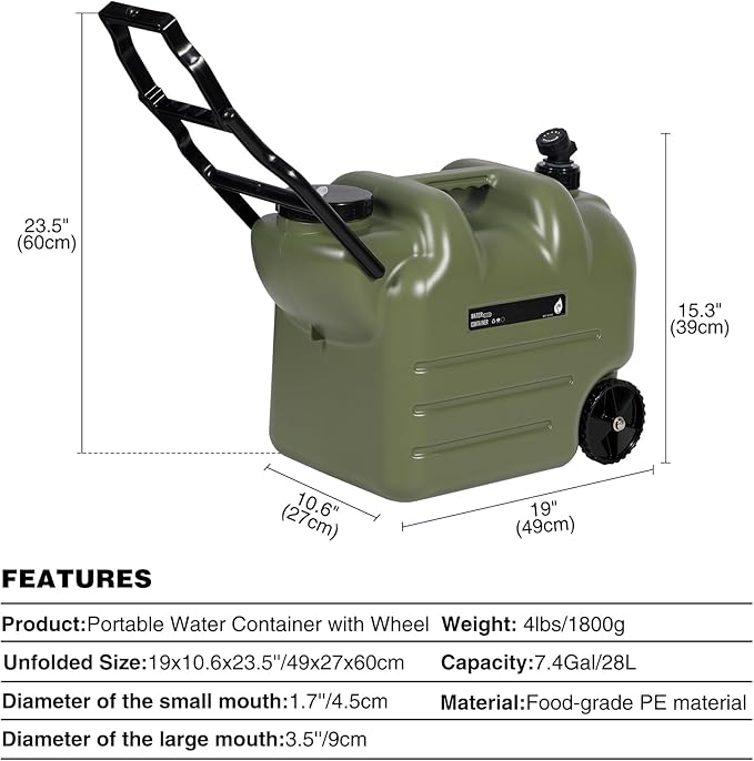 REDCAMP 7.4 Gal Water Container with Wheels & Spigot | Portable Rolling Emergency Camping Water Jug with Folding Handle | BPA Free Food Grade Water Storage Tank for Camping, 2 Pack(28L, Green)