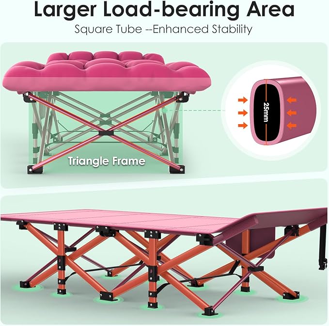 Suteck Camping Cot, Folding Camping Cot Bed for Adults Sleeping 1200D Double Layer Oxford Portable Folding Outdoor Cots for Camping W/Soft Pad Carry Bag for Home Office Nap Beach Travel, 500LBS,