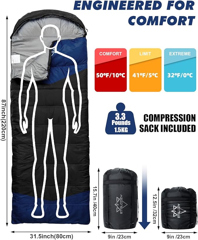 Single Sleeping Bag for Adults Kids 3-Season, Lightweight Waterproof Ripstop, Dual Zipper Bottom Vent, Compression Sack, Portable Camping Hiking Backpacking Gear