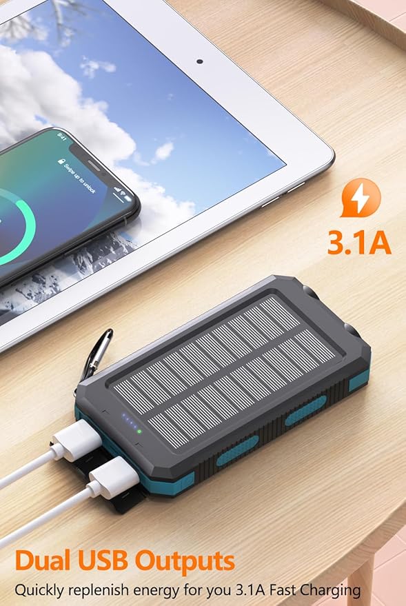 Solar Power Bank 38800mAh Portable Charger with USB-C 5V/2.4A Fast Charging Power Bank Compatible with iPhone, with 2 LED Flashlights External Battery Pack Perfect for Camping, Hiking