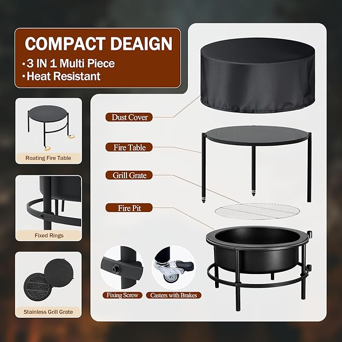Fire Pits for Outside Wood Burning, Large Outdoor Fire Pit Stove with Roating Table and BBQ Grill, Cold Finished Steel Round Firepit Bowl with Poker, Waterproof Cover, Grill Brush