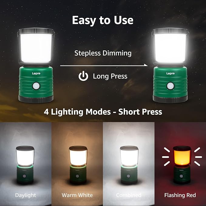 Lepro Camping Lantern, Battery Powered LED with 1500LM, 4 Light Modes, Waterproof Tent Light, Lantern Flashlight for Hurricane, Emergency Light, Survival Kit, Storms, Outages, Fishing, Hiking