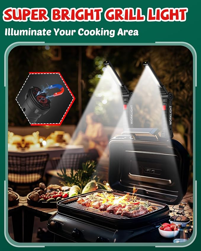 Coquimbo Tool Gifts for Men Him Dad Husband, Rechargeable LED Work Light BBQ Grill with Magnetic Base Hook, 360° Rotate Mechanic Flashlight Mens Easter Birthday Gifts (2 Pack Black)