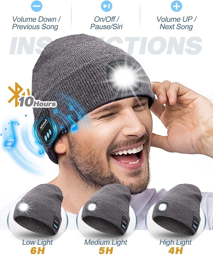 Bluetooth Beanie with Light, USB Rechargeable LED Headlamp Winter Hat, Men Women Valentine's Day Gifts