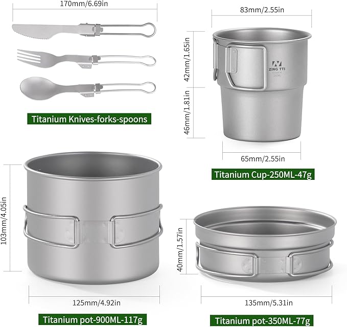 ZING TII Titanium Camping cookware Set, Camping Essentials，Camping Pot，Camping Gear，Camping pots and Pans Set with Pots, Cups，Pans，Tableware.