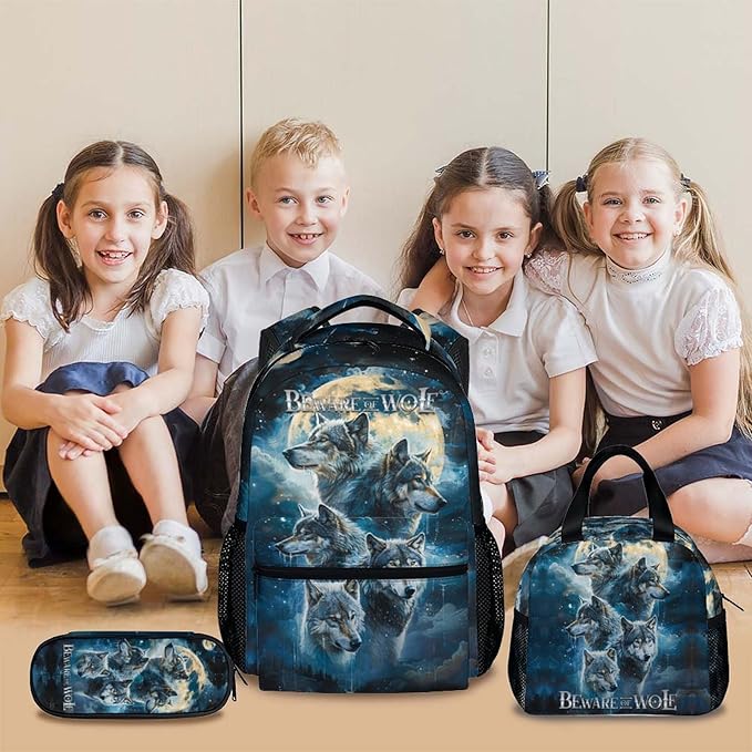 Kids School Backpacks, Cool Wolf Schoolbag, 3 Pcs Preschool Elementary Kindergarten Backpacks, 17 Inch Bookbags for Kids 2nd 3rd Grade, Animal Bookbag for School Travel Hiking Picnic