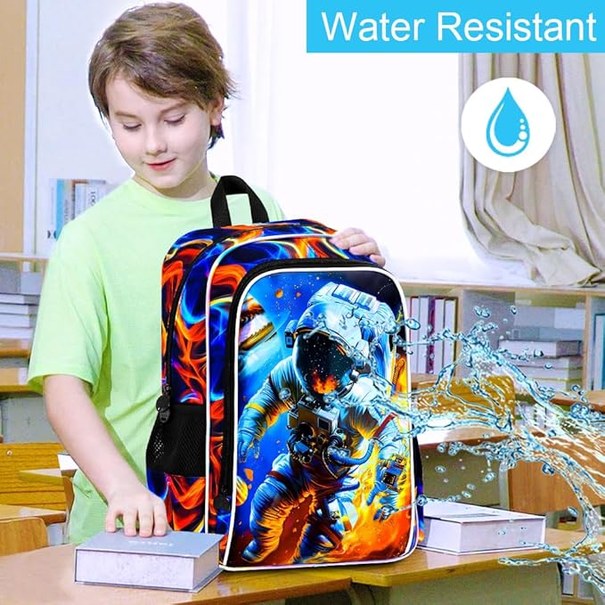 3Pcs Space Backpack for Boy, 17" Fire Bookbag for Elementary Preschool Kindergarten, Kids School Backpacks with Lunch Box (Red)