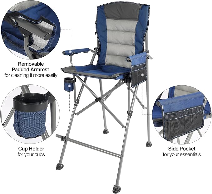 Extra Tall Folding Chairs for Adults 2 Pack, Portable Bar Height Foldable Director Chairs for Camping Outside, Comfortable with High Back and Footrest, Blue