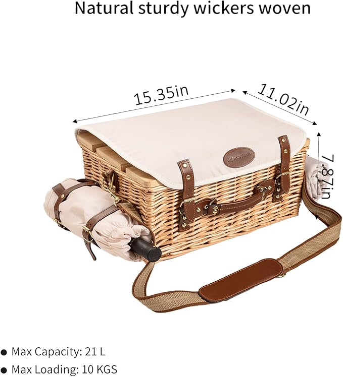 Multifunctional Wicker Picnic Basket Set for 4 Blanket Family Folding Wine Table,Insulated Portable Extra Big Storage Capacity Natural Woven Rattan Canasta De Full Tablewares Camping Outdoor Flowers