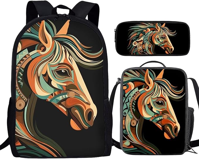 3 PCS Tribal Horse Backpack for Teen Boys 17 Inch Large Capacity Boys Bookbag Age 8-10 Lightweight Teens School Backpack with Lunch Bag for Elementary School Travel Hiking Rucksack