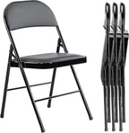 DUMOS 4 Pack PU Leather Padded Folding Chair, Indoor Outdoor Portable Stackable Seat with Steel Frame, for Home, Office, Party, Dining, Black