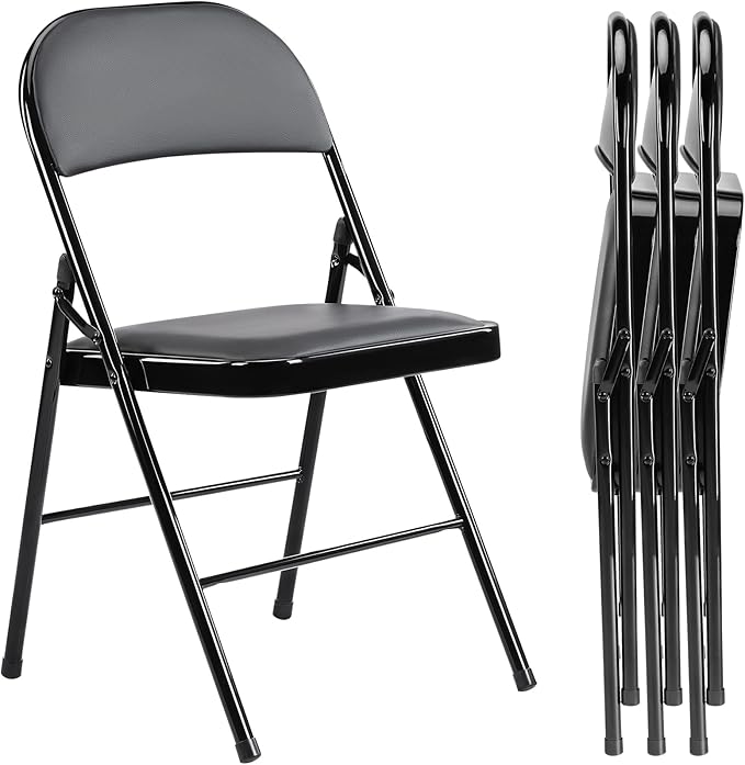 DUMOS 4 Pack PU Leather Padded Folding Chair, Indoor Outdoor Portable Stackable Seat with Steel Frame, for Home, Office, Party, Dining, Black