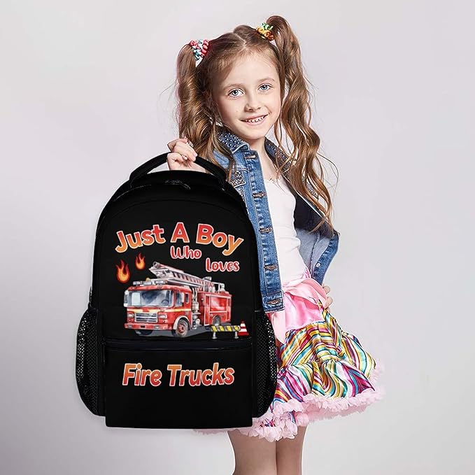 Kids School Backpack for Boys, 17 Inches Fire Truck Backpacks for Primary Elementary Grade, Cartoon Trucks Pattern Large Capacity Bookbag for Children Travel Camp