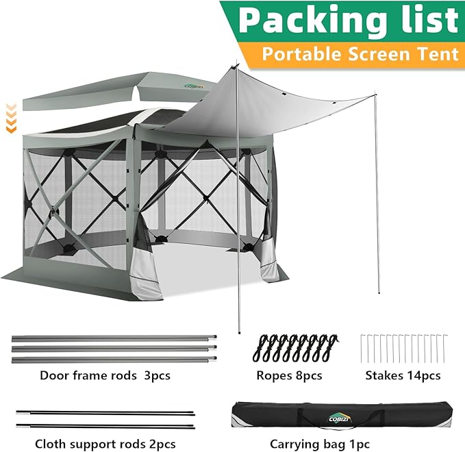 COBIZI 12x12FT Pop Up Gazebo Screen Tent Screen House for Camping, Camping Outdoor Screened Gazebo with Sidewalls, Portable Hub Tent Instant Screened Canopy with Carrying Bag and Ground Stakes, Gray