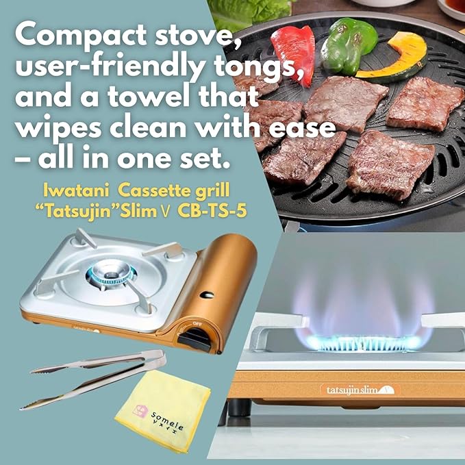 Iwatani Portable Butane Stove “Tatsujin” SlimⅤ CB-TS-5 ＆ Stainless Tongs ＆ microfiber towel – Made in Japan ｜ Single Burner Butane Stove