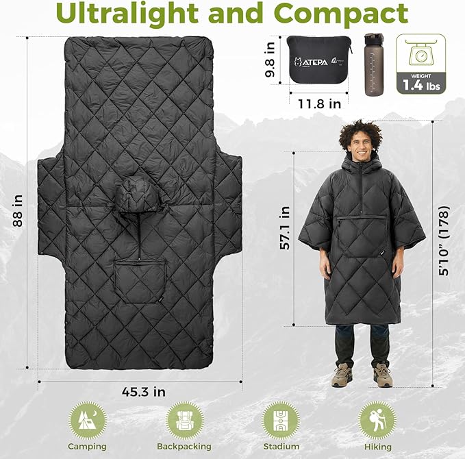 ATEPA Wearable Sleeping Bag, Recycled Warm Winter Camping Blanket Wearable Poncho for Outdoor, Stadium Sports Women Men