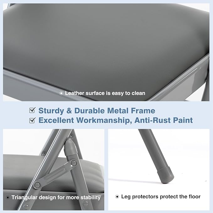 DUMOS 10 Pack Folding Chairs with Padded Cushion and Back - PU Leather Stackable Portable Dining Chiars Set, for Home and Office, Conference, Wedding, Party, Patio, Garden, for Indoor Outdoor, Grey