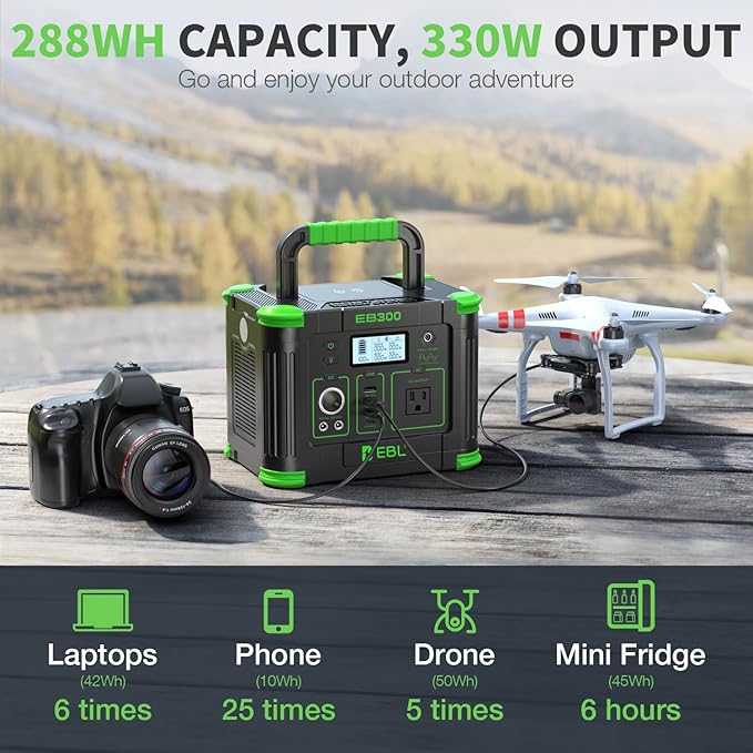 EBL 300W Portable Power Station, 288.6Wh Solar Generator with 600W Peak Output, PD 60W USB-C & QC3.0 USB-A Ports, Wireless Charger & SOS LED Light for Camping, RV, Home Emergency Backup
