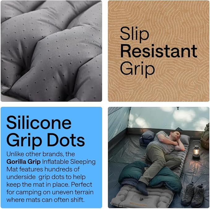 GORILLA GRIP Slip-Resistant Inflatable Sleeping Pad, Puncture Resistant Lightweight Camping Mattress, Foot Pump, Air Mats for Travel Backpacking, Inflating Bed Camp Sleep Pads for Tent, Gray