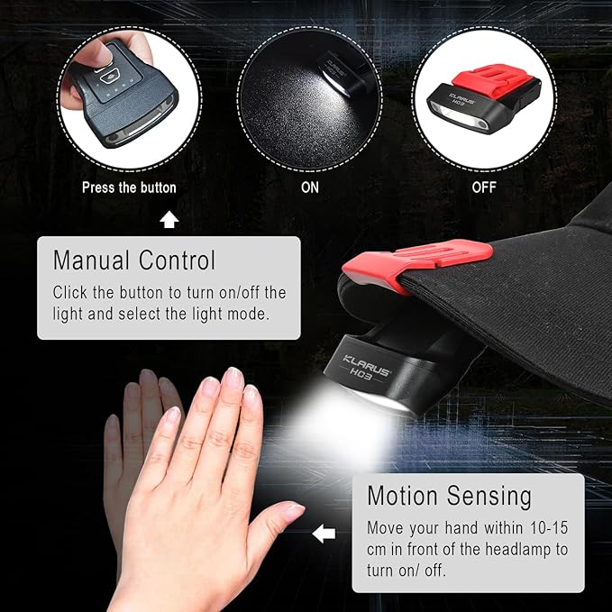 klarus HC3 2pcs Rechargeable Motion Sensor Cap Visor Light - 100 Lumens COB LED Clip on Hat Light - Headlamp Flashlight with Red Light for Fishing Running Camping Reading