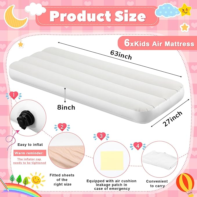 Windyun 6 Sets Kids Air Mattress Bulk with Fitted Sheet,Toddler Inflatable Bed 63 x 27 x 8 Inches Blow up Airbed Camping Sleeping Pad for Aged 3-10 Birthdays Slumber Sleepover Party (Pink)