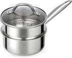 Ohtomber Stainless Steel Sauce Pan - Tri-Ply 1.5 Quarts Steamer for Cooking, Small Cooking Pot with Steamer Basket, Sauce Pan with Lid, Non Stick Saucepan, Induction Steam Pot for Vegetable, Oatmeal