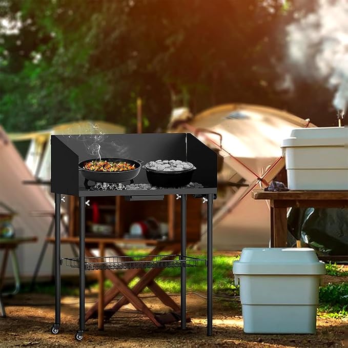 only fire Outdoor Camp Cooking Table for Dutch Ovens and Food Preparation, Collapsible Grill Table Camping Kitchen Station with Side Windscreen & Storage Basket for Backyard BBQ Picnic RV