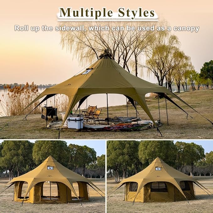 TOMOUNT Canvas Bell Tent Wall Tent with Stove Jack for Camping Glamping Yurt Dia.16.4ft*9.2ft