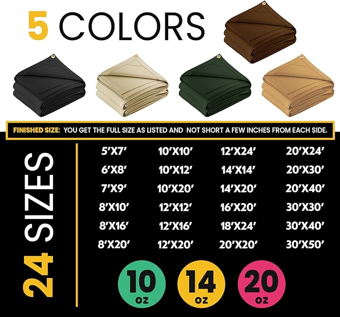 PROTARP Heavy Duty 14 OZ Water Resistant Canvas Tarp, UV Resistant Tarpaulin Cover with Rustproof Brass Grommets, Multipurpose for Canopy, Roof, Camping, Woodpile (Brown 14'X14')