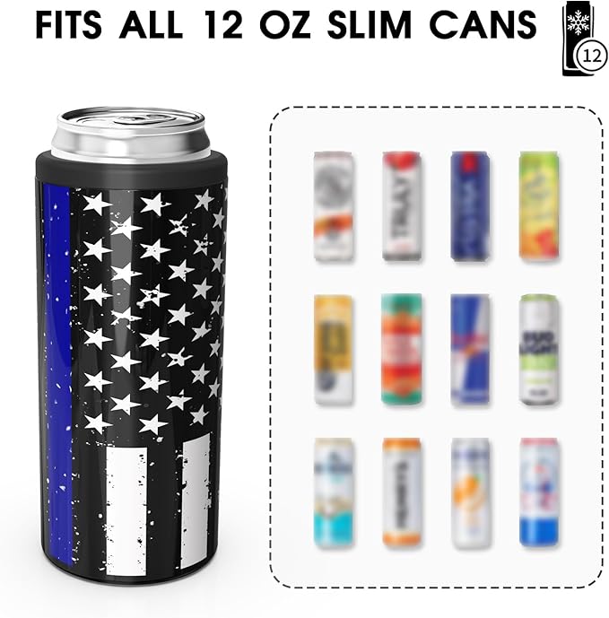 TILUCK Skinny Can Cooler for Slim Beer & Hard Seltzer, Stainless Steel, Doucle-Walled Stainless Steel Insulated Slim Cans, Standard 12 oz (Black U.S. Flag)
