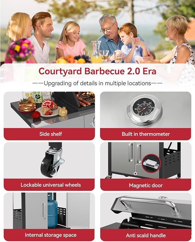 Aoxun 4-Burner Propane Grill with Side Burner, 49000 BTU Gas Grill, Stainless Steel Outdoor Grill with Cast Iron Grates & Side Tables for Backyard, Patio, Camping, Black and Silvery