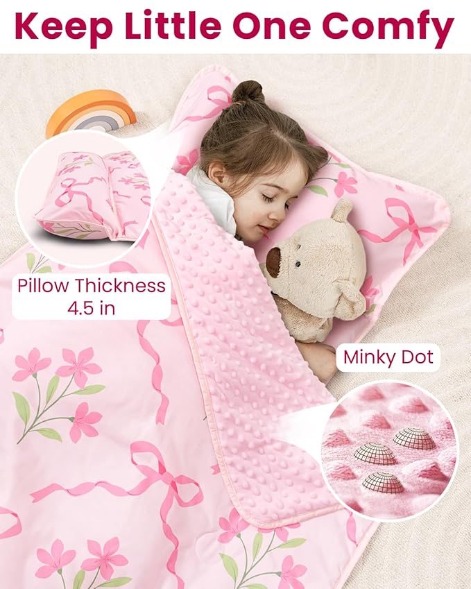 Toddler Nap Mat with Pillow and Minky Blanket, Large 55"x35" Sleeping Bag, Washable, Lightweight, Easy to Roll, Perfect for Preschool, Daycare, Kindergarten, Travel, Boys and Girls-Bow