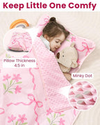 Toddler Nap Mat with Pillow and Minky Blanket, Large 55"x35" Sleeping Bag, Washable, Lightweight, Easy to Roll, Perfect for Preschool, Daycare, Kindergarten, Travel, Boys and Girls-Bow