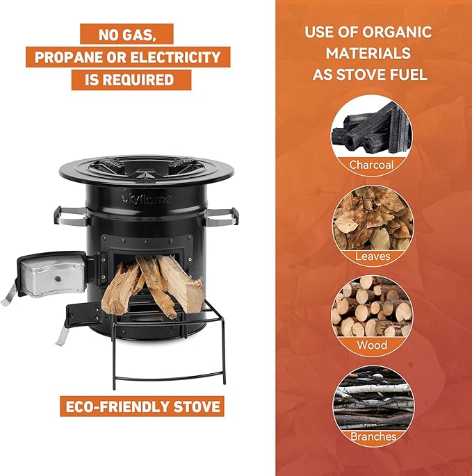 Skyflame Wood Burning Rocket Stove, Portable Camping Stove for Outdoor Cooking, Backpacking, RV and Survival, Essentials Camping Gear - Black