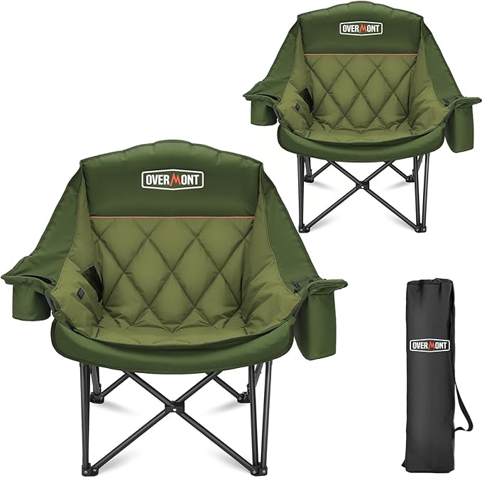 Overmont 2PCS Oversized Camping Chair for Adults - 400lbs Support Heavy Duty Padded Folding Chair with Cooling Bag Cup Holder Side Pocket Carry Bag - Comfortable Portable for Outdoor Garden Sports