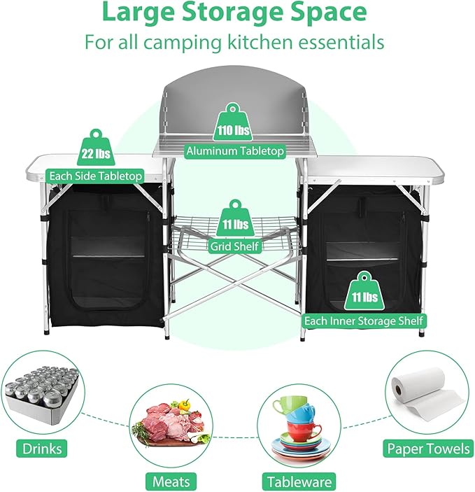 GYMAX Folding Camping Table, Portable Kitchen Table with 2 Zipper Organizer Shelf & Wind Screen, Foldable Cooking Table for Camping Hiking Picnic BBQ (Black)