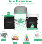 GYMAX Folding Camping Table, Portable Kitchen Table with 2 Zipper Organizer Shelf & Wind Screen, Foldable Cooking Table for Camping Hiking Picnic BBQ (Black)