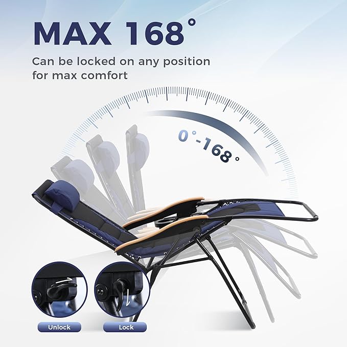 MAISON ARTS Oversized XXL Padded Zero Gravity Chair, 30" Wide Seat Foldable Patio Recliner, Anti Gravity Outdoor Lawn Chair with Cup Holder & Pillow, Supports 400lbs, Blue
