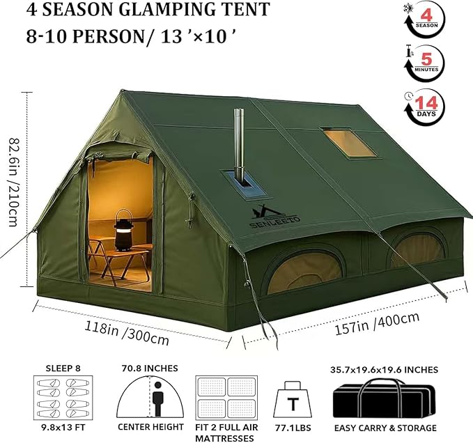 Inflatable Camping Tents 8-10 Person,129 Square Feets Large Inflatable Camping Tent with Stove Jack,Blow up Tent with Mesh Windows & Pump